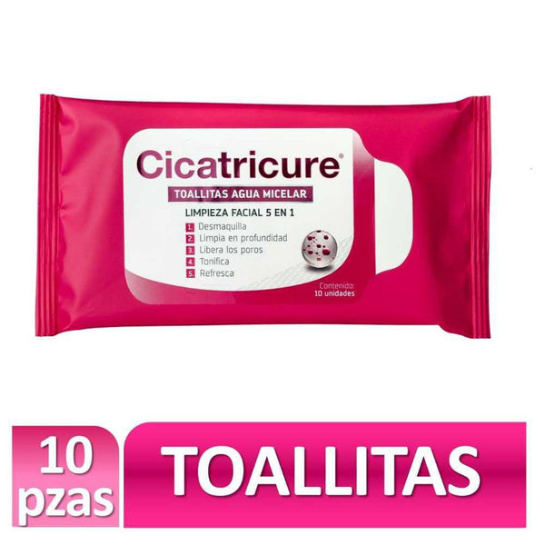 Cicatricure Micellar Water Wipes (10 Units), Alcohol-free, Paraben-free, Silicone-free and Colorant-free - No Rinse Needed