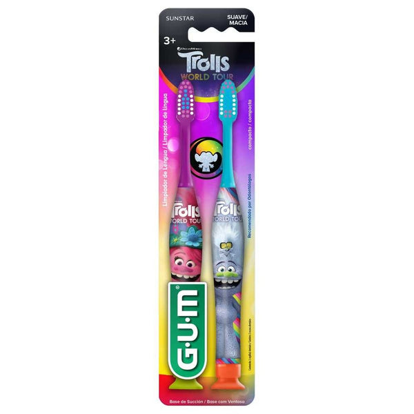 2 Pack of Gum Trolls Toothbrushes with Soft Bristles, Ergonomic Handle, Suction Base & More - BPA Free & Vibrant Colors