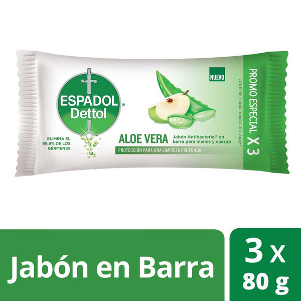 Espadol Aloe Vera Toilet Soap 80Gr X 3 Units: Natural, Moisturizing, Hypoallergenic and Cruelty-Free