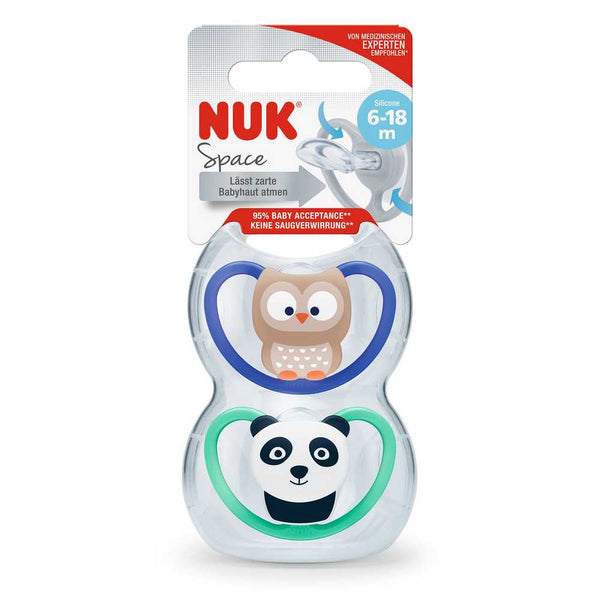 NUK Set of 2 Chup Space T2 Pacifiers - Panda/Owl & Whale Design for 6-18 Months | BPA Free, Orthodontic Nipple, Air Vent System & Travel Case