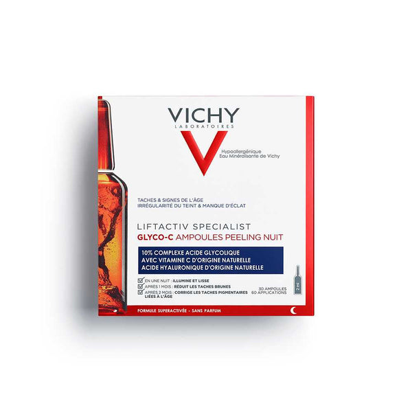 Vichy Liftactiv Glyco C Pelling Night with 10% Glycolic Acid, Hyaluronic Acid, Vitamin C and Vichy Mineralizing Thermal Water - Pack of 30 Ampoules